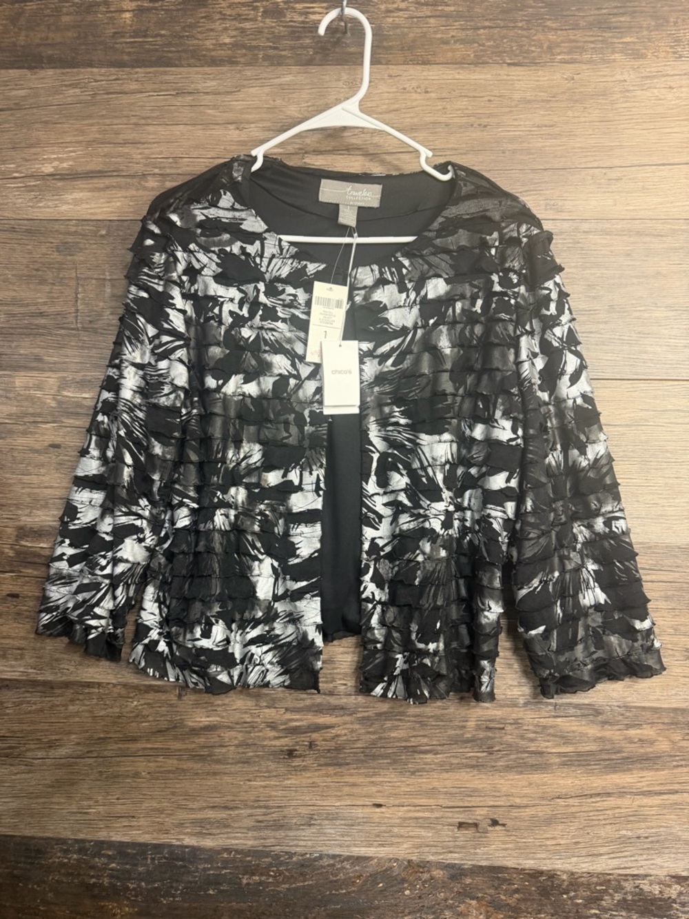 Chico's Black Silver Isadora Textured Ruffle Open Jacket